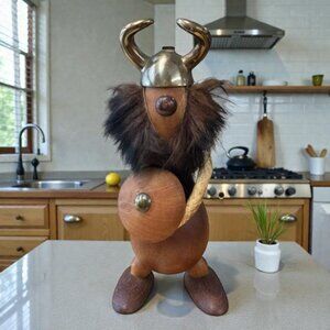 Carl Bent Teak & Brass Danish Viking Bottle Opener MCM Figure Made in Denmark 6"